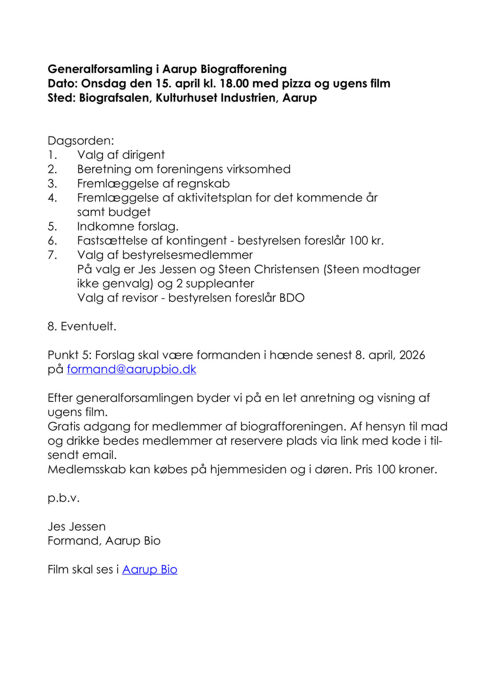 Aarupbio: Generalforsamling (2026)